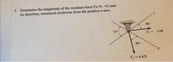 5. Determine the magnitude of the resultant force FR-F1+F2 and
its direction, measured clockwise from the positive u axis.
75°
45°
45°
F₁ =
F₂ = 6 kN
5 kN