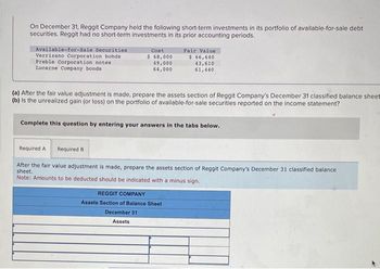 On December 31, Reggit Company held the following short-term investments in its portfolio of available-for-sale debt
securities. Reggit had no short-term investments in its prior accounting periods.
Available-for-Sale Securities
Verrizano Corporation bonds
Preble Corporation notes
Lucerne Company bonds
Cost
$ 68,000
49,000
64,000
Fair Value
$ 66,640
43,610
61,440
(a) After the fair value adjustment is made, prepare the assets section of Reggit Company's December 31 classified balance sheet
(b) is the unrealized gain (or loss) on the portfolio of available-for-sale securities reported on the income statement?
Complete this question by entering your answers in the tabs below.
Required A Required B
After the fair value adjustment is made, prepare the assets section of Reggit Company's December 31 classified balance
sheet.
Note: Amounts to be deducted should be indicated with a minus sign.
REGGIT COMPANY
Assets Section of Balance Sheet
December 31
Assets