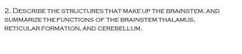 2. DESCRIBE THE STRUCTURES THAT MAKE UP THE BRAINSTEM, AND
SUMMARIZE THE FUNCTIONS OF THE BRAINSTEM THALAMUS,
RETICULAR FORMATION, AND CEREBELLUM.