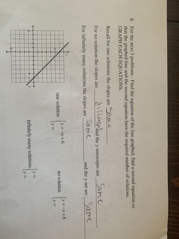 8. For the next 3 problems - Find the equation of the line graphed, find a second equation so
that the graphed line and the second equation have the required number of solutions.
GRAPH EACH EQUATIONS.
Recall for one solutions the slopes are Same
For no solution the slopes are
For infinitely many solutions the slopes are
x
differ and the y-intercepts are
same
one solution
Same
and the y-int are _Same
[y==x+6
ly=
no solution
y
{ x =
y =
infinitely many solutions.
[y=-x+6
\v=