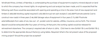 Windhoek Mines, Limited, of Namibia, is contemplating the purchase of equipment to exploit a mineral deposit on land
to which the company has mineral rights. An engineering and cost analysis has been made, and it is expected that the
following cash flows would be associated with opening and operating a mine in the area: Cost of new equipment and
timbers $ 400,000 Working capital required $ 130,000 Annual net cash receipts $ 145,000*Footnote asterisk Cost to
construct new roads in three years $ 46,000 Salvage value of equipment in four years $ 71,000 *Footnote
asteriskReceipts from sales of ore, less out-of-pocket costs for salaries, utilities, insurance, and so forth. The mineral
deposit would be exhausted after four years of mining. At that point, the working capital would be released for
reinvestment elsewhere. The company's required rate of return is 18%. Click here to view Exhibit 7B-1 and Exhibit 7B-2,
to determine the appropriate discount factor(s) using tables. Required: What is the net present value of the proposed
mining project? Should the project be accepted?