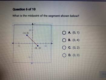 Question 6 of 10
What is the midpoint of the segment shown below?
-10
(-4, 6)
10-
-10
(4,-2)
10
O A. (0, 1)
OB. (0,4)
O C. (0, 2)
OD. (0, 3)
SU