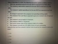 Today is December 31, 2018. The following information applies to Addison Airlines:
After-tax, operating income for the year 2019 is expected to be P400 million.
The company's depreciation expense for the year 2019 is expected to be P80
million.
The company's capital expenditures for the year 2019 are expected to be P160
million.
No change is expected in the company's net operating working capital.
The company's free cash flow is expected to grow at a constant rate of 5 percent
per year.
The company's cost of equity is 14 percent.
The company's WACC is 10 percent.
The current market value of the company's debt is P1.4 billion.
The company currently has 125 million shares of stock outstanding.
Using the free cash flow valuation method, what should be the company's stock price
today?
O P25
O P40
O P50
O P85
