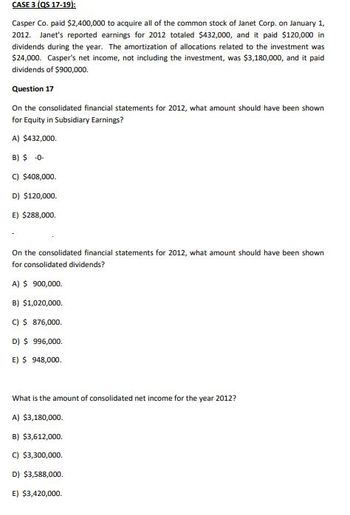 CASE 3 (QS 17-19);
Casper Co. paid $2,400,000 to acquire all of the common stock of Janet Corp. on January 1,
2012. Janet's reported earnings for 2012 totaled $432,000, and it paid $120,000 in
dividends during the year. The amortization of allocations related to the investment was
$24,000. Casper's net income, not including the investment, was $3,180,000, and it paid
dividends of $900,000.
Question 17
On the consolidated financial statements for 2012, what amount should have been shown
for Equity in Subsidiary Earnings?
A) $432,000.
B) $ -0-
C) $408,000.
D) $120,000.
E) $288,000.
On the consolidated financial statements for 2012, what amount should have been shown
for consolidated dividends?
A) $ 900,000.
B) $1,020,000.
C) $ 876,000.
D) $ 996,000.
E) $ 948,000.
What is the amount of consolidated net income for the year 2012?
A) $3,180,000.
B) $3,612,000.
C) $3,300,000.
D) $3,588,000.
E) $3,420,000.