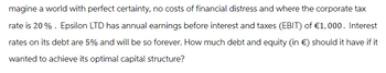 magine a world with perfect certainty, no costs of financial distress and where the corporate tax
rate is 20%. Epsilon LTD has annual earnings before interest and taxes (EBIT) of €1,000. Interest
rates on its debt are 5% and will be so forever. How much debt and equity (in €) should it have if it
wanted to achieve its optimal capital structure?