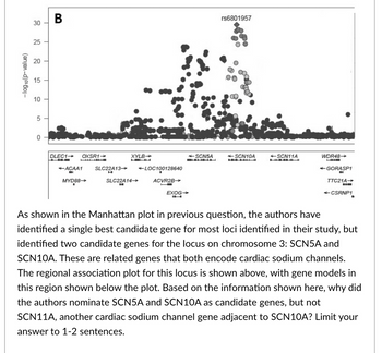 -log10 (P-value)
30
25
20
15
10
5
0
B
DLEC1-
+ACAA1
OXSR1-
MYD88-
XYLB→
SLC22A13→ -LOC100128640
H
SLC22A14→→→
H
ACVR2B-
T
EXOG
*SCN5A
rs6801957
<SCN10A
H
+SCN11A
WDR48→
+GORASP1
TTC21A-
+CSRNP1
As shown in the Manhattan plot in previous question, the authors have
identified a single best candidate gene for most loci identified in their study, but
identified two candidate genes for the locus on chromosome 3: SCN5A and
SCN10A. These are related genes that both encode cardiac sodium channels.
The regional association plot for this locus is shown above, with gene models in
this region shown below the plot. Based on the information shown here, why did
the authors nominate SCN5A and SCN10A as candidate genes, but not
SCN11A, another cardiac sodium channel gene adjacent to SCN10A? Limit your
answer to 1-2 sentences.