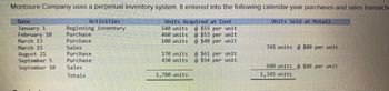 Montoure Company uses a perpetual inventory system. It entered into the following calendar-year purchases and sales transacti
Units Sold at Retail
Activities
Beginning inventory
Purchase
Units Acquired at Cost
540 units
@$55 per unit
@ $53 per unit
460 units
100 units
Purchase
@ $40 per unit
Sales
Purchase
Purchase
Sales
Totals
Date
January 1
February 10
March 13
March 15
August 21
September 5
September 10
170 units
430 units
1,700 units
@ $61 per unit
@ $54 per unit
745 units @ $80 per unit
600 units @ $80 per unit
1,345 units