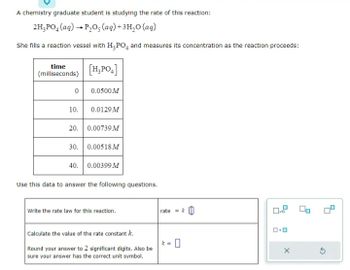 A chemistry graduate student is studying the rate of this reaction:
2H₂PO4 (aq) → P₂O5 (aq) + 3H₂O (aq)
She fills a reaction vessel with H3PO4 and measures its concentration as the reaction proceeds:
time
(milliseconds)
0
10.
[H₂PO4]
0.0500 M
0.0129 M
20. 0.00739 M
30. 0.00518M
40. 0.00399 M
Use this data to answer the following questions.
Write the rate law for this reaction.
Calculate the value of the rate constant k.
Round your answer to 2 significant digits. Also be
sure your answer has the correct unit symbol.
rate=&
0.0
X