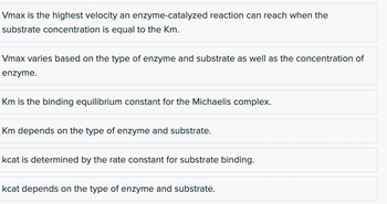 Vmax is the highest velocity an enzyme-catalyzed reaction can reach when the
substrate concentration is equal to the Km.
Vmax varies based on the type of enzyme and substrate as well as the concentration of
enzyme.
Km is the binding equilibrium constant for the Michaelis complex.
Km depends on the type of enzyme and substrate.
kcat is determined by the rate constant for substrate binding.
kcat depends on the type of enzyme and substrate.