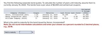 You find the following corporate bond quotes. To calculate the number of years until maturity, assume that it is
currently January 15, 2022. The bonds have a par value of $2,000 and semiannual coupons.
Company (Ticker)
Xenon, Incorporated (XIC)
Kenny Corporation (KCC)
Williams Company (WICO)
Yield to maturity
Coupon
7.20
7.30
??
%
Maturity
January 15, 2039
January 15, 2033
January 15, 2035
Last Price Last Yield
??
6.38
7.20
94.399
??
94.915
What is the yield to maturity for the bond issued by Xenon, Incorporated?
Note: Do not round intermediate calculations and enter your answer as a percent rounded to 2 decimal places,
e.g., 32.16.
Estimated
$ Volume
(000s)
57,380
48,959
43,820