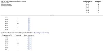 Use the given frequency distribution to find the
(a) class width.
(b) class midpoints.
(c) class boundaries.
43-40
1
3
5
11
61-64
7
65-68
7
69-72
144
(c) What are the class boundaries? Complete the table below. (Type integers or decimals.)
Temperature (°F) Frequency Class boundaries
3
5
11
7
7
1
49-52
53-56
57-60
45-48
49-52
53-56
57-60
61-64
65-68
69-72
ـالـالـالـالـال
C
Temperature (°F)
45-48
49-52
53-56
57-60
61-64
65-68
69-72
Frequency
1
3
5
11
7
7
1