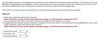 Henrie's Drapery Service is investigating the purchase of a new machine for cleaning and blocking drapes. The machine would cost
$151,640, including freight and installation. Henrie's estimated the new machine would increase the company's cash inflows, net of
expenses, by $40,000 per year. The machine would have a five-year useful life and no salvage value.
Click here to view Exhibit 148-1 and Exhibit 14B-2, to determine the appropriate discount factor(s) using table.
Required:
1. What is the machine's internal rate of return?
Note: Round your answer to the nearest whole percentage, i.e. 0.123 should be considered as 12%.
2. Using a discount rate of 10%, what is the machine's net present value? Interpret your results.
3. Suppose the new machine would increase the company's annual cash inflows, net of expenses, by only $35,030 per year. Under
these conditions, what is the internal rate of return?
Note: Round your answer to the nearest whole percentage, i.e. 0.123 should be considered as 12%.
1. Internal rate of return
2. Net present value
3. Internal rate of return
0
%
%