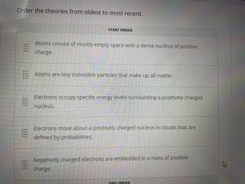 ### Order the Theories from Oldest to Most Recent

1. **Atoms are tiny indivisible particles that make up all matter.**

2. **Negatively charged electrons are embedded in a mass of positive charge.**

3. **Atoms consist of mostly empty space with a dense nucleus of positive charge.**

4. **Electrons occupy specific energy levels surrounding a positively charged nucleus.**

5. **Electrons move about a positively charged nucleus in clouds that are defined by probabilities.**