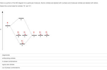 Here is a portion of the MO diagram for a particular molecule. Atomic orbitals are labeled with numbers and molecular orbitals are labeled with letters.
Select the correct label for orbitals "B" and "C".
D
E
o degenerate
*/
B
antibonding orbitals
o in phase combinations
Osigma star orbitals
o out of phase combinations
A
C
+
3
#