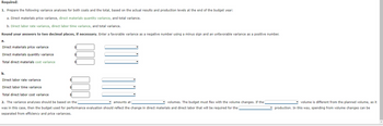 Required:
1. Prepare the following variance analyses for both coats and the total, based on the actual results and production levels at the end of the budget year:
a. Direct materials price variance, direct materials quantity variance, and total variance.
b. Direct labor rate variance, direct labor time variance, and total variance.
Round your answers to two decimal places, if necessary. Enter a favorable variance as a negative number using a minus sign and an unfavorable variance as a positive number.
a.
Direct materials price variance
Direct materials quantity variance
Total direct materials cost variance
$
$
$
b.
Direct labor rate variance
Direct labor time variance
Total direct labor cost variance
2. The variance analyses should be based on the
amounts at
volumes. The budget must flex with the volume changes. If the
was in this case, then the budget used for performance evaluation should reflect the change in direct materials and direct labor that will be required for the
separated from efficiency and price variances.
$
volume is different from the planned volume, as it
production. In this way, spending from volume changes can be