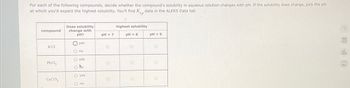For each of the following compounds, decide whether the compound's solubility in aqueous solution changes with pH. If the solubility does change, pick the pH
at which you'd expect the highest solubility. You'll find Ksp data in the ALEKS Data tab.
compound
KCI
PbCl₂
CaCO3
Does solubility
change with
pH?
Oyes
O no
O yes
O NO
O yes
O no
pH = 7
O
highest solubility
pH = 6
O
O
pH = 5
O
O
O
B
olo
Ar