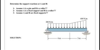 Determine the support reactions at A and B:
1- Assume A is a pin and B is a roller??
2- Assume A is a fixed support and B is a roller??
3- Assume A and B are fixed supports??
200 N/m
SOLUTION:
4 m
400 N/m
-3m