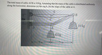 The total mass of cable ACB is 10 Kg. Assuming that the mass of the cable is distributed uniformly
along the horizontal, determine (a) the sag h, (b) the slope of the cable at A.
2m
D
-5m
E
15 kg
-5 m
B
10 kg