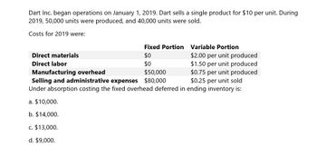 Dart Inc. began operations on January 1, 2019. Dart sells a single product for $10 per unit. During
2019, 50,000 units were produced, and 40,000 units were sold.
Costs for 2019 were:
Direct materials
Direct labor
Manufacturing overhead
Fixed Portion
Variable Portion
$0
$2.00 per unit produced
$0
$1.50 per unit produced
$50,000
$0.75 per unit produced
$0.25 per unit sold
Selling and administrative expenses $80,000
Under absorption costing the fixed overhead deferred in ending inventory is:
a. $10,000.
b. $14,000.
c. $13,000.
d. $9,000.