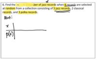 6. Find the » td number of jazz records when 4 records are selected
at random from a collection consisting of 5 jazz records, 2 classical
records, and 3 polka records.
Hint:
ズ
