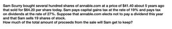 Sam Scurry bought several hundred shares of annable.com at a price of $41.40 about 5 years ago
that sold for $64.20 per share today. Sam pays capital gains tax at the rate of 19% and pays tax
on dividends at the rate of 27%. Suppose that annable.com elects not to pay a dividend this year
and that Sam sells 19 shares of stock.
How much of the total amount of proceeds from the sale will Sam get to keep?