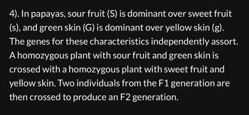 4). In papayas, sour fruit (S) is dominant over sweet fruit
(s), and green skin (G) is dominant over yellow skin (g).
The genes for these characteristics independently assort.
A homozygous plant with sour fruit and green skin is
crossed with a homozygous plant with sweet fruit and
yellow skin. Two individuals from the F1 generation are
then crossed to produce an F2 generation.