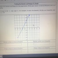 Finding the Domain and Range of a Graph
mine the Domain and Range for the graph below. Write your answer in Interval Notation and as an
ality.
To type in the < sign, type <=, For example, to enter the Domain [-10, 10) as an inequality, type
x< 10
5 -4 -3 2 -1
-2-
-3
Domain written in Interval Notation
Domain written as an Inequality
Range written in Interval Notation
Range written as an Inequality
of
3,
2.
