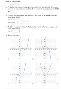 Consider the following.
f(x) = x³ -
6x
(a) Find all critical values, including those at which f(x) is undefined. (Enter your
answers as a comma-separated list. If an answer does not exist, enter DNE.)
x =
(b) Find the relative maxima and minima, if any exist. (If an answer does not
exist, enter DNE.)
relative maximum
(x, y) =
relative minimum
(x, y) =
(c) Find the horizontal points of inflection, if any exist. (If an answer does not
exist, enter DNE.)
([
(х, у) -
(d) Sketch the graph.
y
y
80
80
60
60
40
40
20
20
-10 -8
-6
6 -4
-2
2.
8 10
-10 -8 -6 -4
-2
8 10
-20
-20
40
40
-60
-60
80
-80
y
80
80
60
60
40
40
20
20
-10 -8 -6 -4 /2
4.
8 10
-10 -8 -6 -4 -2
2
4
8.
8 10
-20
-20
-40
-40
60
-60
-80
08
