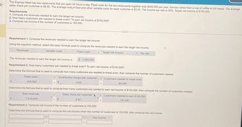 The Express Meal has two restaurants that are open 24 hours a day. Fixed costs for the two restaurants together total $400,000 per year. Service varies from a cup of coffee to full meals. The average
sales check per customer is $8.50. The average cost of food and other variable costs for each customer is $3.50. The income tax rate is 30%. Target net income is $140,000.
Requirements
1. Compute the revenues needed to earn the target net income.
2. How many customers are needed to break even? To earn net income of $140,000?
3. Compute net income if the number of customers is 150,000.
Requirement 1. Compute the revenues needed to earn the target net income.
Using the equation method, select the basic formula used to compute the revenues needed to earn the target net income.
Variable costs
Fixed costs
= Target net income
1- Tax rate
$
Revenues
The revenues needed to earn the target net income is
$ 1,020,000
Requirement 2. How many customers are needed to break even? To earn net income of $140,000?
Determine the formula that is used to compute how many customers are needed to break even, then compute the number of customers needed.
$
Fixed costs
400,000
Total revenues
1,016,949
$
Determine the formula that is used to compute how many customers are needed to earn net income of $140,000, then compute the number of customers needed.
= Customers needed to earn $140,000
Sales check per customer
8.50
120,000
+
+
+
www
+
Contribution margin per customer Customers needed to break even
5.00
80,000
+$
Requirement 3. Compute net income if the number of customers is 150,000.
Determine the formula that is used to compute the net income when the number of customers is 150,000, then compute the net income.
Net income
=