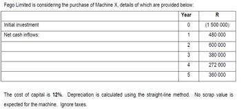 Fego Limited is considering the purchase of Machine X, details of which are provided below:
Year
R
Initial investment
Net cash inflows:
0
(1 500 000)
1
480 000
2
600 000
3
380 000
4
272 000
5
360 000
The cost of capital is 12%. Depreciation is calculated using the straight-line method. No scrap value is
expected for the machine. Ignore taxes.