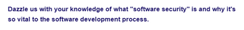 Dazzle us with your knowledge of what "software security" is and why it's
so vital to the software development process.
