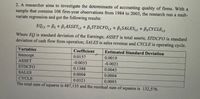 2. A researcher aims to investigate the determinants of accounting quality of firms. With a
sample that contains 108 firm-year observations from 1984 to 2003, the research run a mult-
variate regression and got the following results:
EQit = Bo + B1ASSET{t + B1STDCF0;t+ B2SALESit + B3CYCLEL
Where EQ is standard deviation of the Earnings; ASSET is total assets; STDCFO is standard
deviation of cash flow from operation; SALES is sales revenue and CYCLE is operating cycle.
Variables
Coefficient
Estimated Standard Deviation
Intercept
0.0157
0.0019
ASSET
-0.0033
-0.0021
STDCFO
0.1388
0.0043
SALES
0.0004
0.0004
CYCLE
0.0321
0.0093
The total sum of squares is 487,135 and the residual sum of squares is 132,576.
