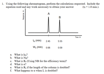 1. Using the following chromatogram, perform the calculations requested. Include the
equation used and any work necessary to obtain your answer
Response →
A
B
(to = 1.0 min.).
Time →
tR (min)
2.45
5.55
Wn (min)
0.06
0.09
a. What is KA?
b. What is NB?
c. What is Rs (Using NB for the efficiency term)?
d. What is a?
e. What is Rs if the length of the column is doubled?
f. What happens to a when L is doubled?