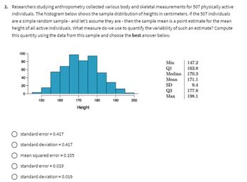 Answered: 2. Researchers studying anthropometry… | bartleby