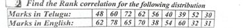 Find the Rank correlation for the following distribution
48 60 72 62 56 40 39 52 30
62 78 65 70 38 54 60 32 31
Marks in Telugu:
Marks in English: