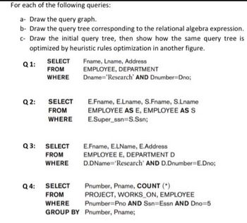 For each of the following queries:
a- Draw the query graph.
b- Draw the query tree corresponding to the relational algebra expression.
c- Draw the initial query tree, then show how the same query tree is
optimized by heuristic rules optimization in another figure.
Q1:
Q2:
Q 3:
Q 4:
SELECT Fname, Lname, Address
FROM
WHERE
SELECT
FROM
WHERE
SELECT
FROM
WHERE
EMPLOYEE, DEPARTMENT
Dname='Research' AND Dnumber=Dno;
E.Fname, E.Lname, S.Fname, S.Lname
EMPLOYEE AS E, EMPLOYEE AS S
E.Super_ssn=S.Ssn;
E.Fname, E.LName, E.Address
EMPLOYEE E, DEPARTMENT D
D.DName='Research' AND D.Dnumber=E.Dno;
SELECT
FROM
WHERE
GROUP BY Pnumber, Pname;
Pnumber, Pname, COUNT(*)
PROJECT, WORKS ON, EMPLOYEE
Pnumber Pno AND Ssn-Essn AND Dno=5