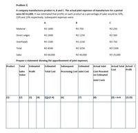 Problem 5
A company manufactures product A, B and C. The actual joint expenses of manufacture for a period
were RO 63,000. It was estimated that profits on each product as a percentage of sales would be 30%,
25% and 15% respectively. Subsequent expenses were:
A
B
Material
RO 1000
RO 750
RO 250
Direct wages
RO 2000
RO 1250
RO 500
Overheads
RO 1500
RO 1250
RO 750
Total
RO 4500
RO 3250
RO 1500
Sales
RO 60,000
RO 40,000
RO 25,000
Prepare a statement showing the apportionment of joint expenses.
Product
Estimated
Estimated
Actual Joint
Actual Total Actual I
Profit
Total
Estimated
Subsequent
Cost
Cost Prorated
on Estimated
Profit
Sales
Value
Total Cost
Processing Cost Joint Cost
Joint Costs
(1)
(2)
(3)
(4)
(5)=(2-4)
(6)
(7)
(8)
(9) = 6+9
(2)-(9)
