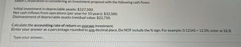 Saxon Corporation is considering an investment proposal with the following cash flows:
Initial investment in depreciable assets: $227,500.
Net cash inflows from operations (per year for 10 years): $32,500.
Disinvestment of depreciable assets (residual value: $22,750.
Calculate the accounting rate of return on average investment.
(Enter your answer as a percentage rounded to one decimal place. Do NOT include the % sign. For example: 0.12345-12.3% ; enter as 12.3)
Type your answer.....