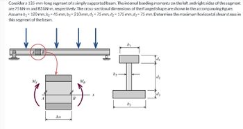 Consider a 135-mm-long segment of a simply supported bear. The internal bending moments on the left and right sides of the segment
are 75 kN-m and 83 kN-m, respectively. The cross-sectional dimensions of the flanged shape are shown in the accompanying figure.
Assume b₁ = 120 mm, b₂ = 45 mm, b3 = 210 mm, d₁ = 75 mm, d₂ = 175 mm, d3= 75 mm. Determine the maximum horizontal shear stress in
this segment of the beam.
M₁
Ax
B
MB
b₂
b₁
b3
d₁
d₂
d3