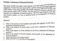 The assets of J&R Associates consist entirely of current assets and net plant and
Problem 1 (Statement of Financiąl Position)
equipment. The firm has total assets of P2.5 million, and net plant and equipment
of P2 million. It has notes payable of P150.000, long-term debt of P/50,000, and
total common équity of P1.5 million.. The firm does have accounts päyable and
accruals on its statement of financial position The firm only finances wWith debt
and common equity, so it has' no preferred stock on its statement of financial
position.
Required:
What is the amount of total liabilities and equity that appears on the firm's
statement of financial position?.
b.. What is the balance of current assets on the firm's statement of financial
position?-
What is the balance of current liabilities on the firm's statement of financial
position?
d. What is the amount of accounts payable, and accruals on its statement of
financial position?
What is the firm's net working capital?
What is the firm's net operating working capital?
а.
с.
е.
f.
