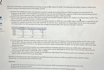 Book
Sherrod, Incorporated, reported pretax accounting income of $82 million for 2024. The following information relates to differences
between pretax accounting income and taxable income:
a. Income from installment sales of properties included in pretax accounting income in 2024 exceeded that reported for tax
purposes by $7 million. The installment receivable account at year-end 2024 had a balance of $8 million (representing portions
of 2023 and 2024 installment sales), expected to be collected equally in 2025 and 2026.
b. Sherrod was assessed a penalty of $3 million by the Environmental Protection Agency for violation of a federal law in 2024. The
fine is to be paid in equal amounts in 2024 and 2025.
c. Sherrod rents its operating facilities but owns one asset acquired in 2023 at a cost of $84 million. Depreciation is reported by the
straight-line method, assuming a four-year useful life. On the tax return, deductions for depreciation will be more than straight-
line depreciation the first two years but less than straight-line depreciation the next two years ($ in millions):
Print
Income
Statement
Tax Return
2023
$ 21
$ 27
ferences
Difference
$ (6)
2024
21
37
(16)
2025
2026
21
13
8
21
$ 84
14
$ 0
7
$ 84
d. For tax purposes, warranty expense is deducted when costs are paid. The balance of the warranty liability was $1 million at the
end of 2023. Warranty expense of $5 million is recognized in the income statement in 2024. $3 million of cost is paid in 2024,
and another $3 million of costs are anticipated to be paid in 2025. At December 31, 2024, the warranty liability is $3 million (after
adjusting entries).
e. In 2024, Sherrod accrued an expense and related liability for estimated paid future absences of $16 million relating to the
company's new paid vacation program. Future compensation will be deductible on the tax return when actually paid during the
next two years ($10 million in 2025; $6 million in 2026).
f. During 2023, accounting income included an estimated loss of $2 million from having accrued a loss contingency. The loss is
paid in 2024, at which time it is tax deductible.
Balances in the deferred tax asset and deferred tax liability accounts at January 1, 2024, were $0.75 million and $1.75 million,
respectively. The enacted tax rate is 25% each year.
Required:
1. Determine the amounts necessary to record income taxes for 2024, and prepare the appropriate journal entry.
2. What is the 2024 net income?
3. Show how any deferred tax amounts should be classified and reported in the 2024 balance sheet.