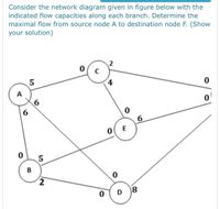 Consider the network diagram given in figure below with the
indicated flow capacities along each branch. Determine the
maximal flow from source node A to destination node F. (Show
your solution)
2
6.
6.
0( E
B
8.
4,
