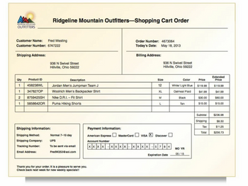RIDGELINE MOUNTAIN
OUTFITTERS
Customer Name: Fred Westing
Customer Number: 6747222
Shipping Address:
Qty
1
1
2
1
Product ID
458238WL
347827OP
8759425SH
58586420R
Ridgeline Mountain Outfitters-Shopping Cart Order
936 N Swivel Street
Hillville, Ohio 59222
Shipping Information:
Shipping Method:
Shipping Company:
Tracking Number:
Email Address:
Description
Jordan Men's Jumpman Team J
Woolrich Men's Backpacker Shirt
Nike D.R.I.- Fit Shirt
Puma Hiking Shorts
Normal 7-10 day
UPS
To be sent via email
FredW253@aol.com
Order Number: 4673064
Today's Date: May 18, 2013
Thank you for your order. It is a pleasure to serve you.
Check back next week for new weekly specials!!
Billing Address:
Size
12
XL
M
936 N Swivel Street
Hillville, Ohio 59222
L
Payment Information:
American Express MasterCard VISA X Discover
Account Number
×××× -××× X - X X X X -5 784
Expiration Date
Color
White/Light Blue
Oatmeal Plaid
Black
Tan
MO YR
05/15
Price
$119.99
$41.99
$30.00
$15.00
Subtotal
Shipping
Tax
Total
Extended
Price
$119.99
$41.99
$60.00
$15.00
$236.98
$8.50
$11.25
$256.73