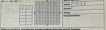 6. y=-2(x+3)² +7
X
y
(-317)
:
Vertex:
Domain:
Range:
Transformations:
Without aranhing, describe the transformations from the parent function.