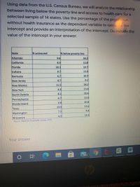 Using data from the U.S. Census Bureau, we will analyze the relationship
between living below the poverty line and access to health care for a
selected sample of 14 states. Use the percentage of the population
without health insurance as the dependent variable to calculate the
intercept and provide an interpretation of the intercept. Do include the
value of the intercept in your answer.
State
% uninsured
% below poverty line
Arkansas
9.6
16.2
California
8.3
11.8
Florida
16.1
12.7
Indiana
9.7
11.9
Kentucky
6.7
16.3
New Jersey
9.2
8.7
New Mexico
11.5
18.2
New York
6.3
13.0
8.1
10.6
North Dakota
6.7
12.0
Pennsylvania
4.8
10.8
Rhode Island
19.9
13.6
Техas
7.5
9.8
Washington
6.5
10.4
Wisconsin
Souce Amencan Community Survey 2019
Your answer
W
99+
