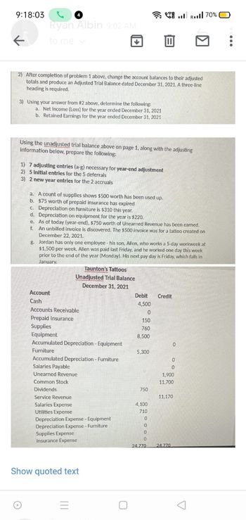 9:18:03 4
Ryan Albin 9:02 AM
to me
↓
2) After completion of problem 1 above, change the account balances to their adjusted
totals and produce an Adjusted Trial Balance dated December 31, 2021. A three-line
heading is required.
3) Using your answer from #2 above, determine the following:
a. Net Income (Loss) for the year ended December 31, 2021
b. Retained Earnings for the year ended December 31, 2021
Using the unadjusted trial balance above on page 1, along with the adjusting
information below, prepare the following:
1) 7 adjusting entries (a-g) necessary for year-end adjustment
2) 5 Initial entries for the 5 deferrals
3) 2 new year entries for the 2 accruals
a. A count of supplies shows $500 worth has been used up.
b. $75 worth of prepaid insurance has expired
c. Depreciation on furniture is $310 this year.
d. Depreciation on equipment for the year is $220.
e. As of today (year-end), $750 worth of Unearned Revenue has been earned.
f.
An unbilled invoice is discovered. The $500 invoice was for a tattoo created on
December 22, 2021.
g. Jordan has only one employee - his son, Allen, who works a 5-day workweek at
$1,500 per week. Allen was paid last Friday, and he worked one day this week
prior to the end of the year (Monday). His next pay day is Friday, which falls in
January.
Taunton's Tattoos
Unadjusted Trial Balance
December 31, 2021
Account
Credit
Cash
Accounts Receivable
Prepaid Insurance
Supplies
Equipment
Accumulated Depreciation - Equipment
Furniture
Accumulated Depreciation - Furniture
Salaries Payable
Unearned Revenue
Common Stock
Dividends
Service Revenue
Salaries Expense
Utilities Expense
Depreciation Expense - Equipment
Depreciation Expense - Furniture
Supplies Expense
Insurance Expense
Show quoted text
Debit
4,500
0
150
760
8,500
5,300
750
4,100
710
0
0
0
0
24.770
0
24.770
0
0
1,900
11,700
11,170
70% O