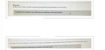 Required
a. Record the Year 1 events in general journal form and post them to T-accounts.
Complete this question by entering your answers in the tabs below.
b. Prepare the income statement, statement of changes in stockholders' equity, balance sheet, and statement of cash flows for Year 1.
Complete this question by entering your answers in the tabs below.