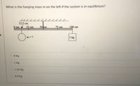 What is the hanging mass m on the left if the system is in equilibrium?
12.5 cm
0 cm 25 cm
50 cm
75 cm
100 cm
m=?
1
1 kg
8 Kg
O 1 Kg
1.33 Kg
4.0 Kg
