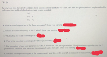 OR: (b)
Twenty hoki (sea fish) are translocated into an aquaculture facility for research. The hoki are genotyped at a single nucleotide
polymorphism and the following genotype counts recorded:
CC 1
CG 7
GG 12
1. What are the frequencies of the three genotypes? Show your working.
2. What is the allele frequency of the C allele? Show your working.
3. What is the observed heterozygosity?
4. What is the expected heterozygosity? Show your working.
5. The population is bred for 2 generations, with 20 individuals kept each generation. What is the heterozygosity after the 2
generations, based on your expected heterozygosity value from (4)? Show your working.
6. What do you expect to happen to the heterozygosity over time, will it level off, increase or decrease? Why?