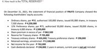 4. How much is the TOTAL RESERVES? *
On December 31, 2021, the statement of financial position of FRUITS Company showed the
following shareholders' equity accounts:
• Ordinary shares, par P50, authorized 100,000 shares, issued 85,000 shares, in treasury
7,500 shares - P 4,250,000
12% Preference shares, par P75, authorized 50,000 shares, issued 20,000 shares, in
treasury 4,000 shares - P 1,500,000
Share premium in excess of par -P 862,500
Reserve for Treasury shares - 725,000
Treasury ordinary shares - P 435,000; Treasury preference shares - P 290,000
Retained earnings, unrestricted - P 2,168,000
Net income for the year - P 762,000
Cash dividends declared - P 194,000; 2 years in arrears, current year is not yet included
